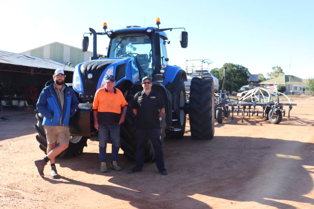 Cunderdin mixed farmer Chris Carter (left), with farm manager Nelson Wilkin and Baxters Rural Centre, Cunderdin, sales representative Kyle Finlay in front of the seeding rig all set for 2021.