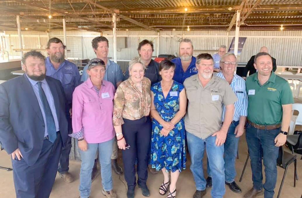 State Mining and Pastoral MLC Kyle Owen McGinn (left) with three Southern Rangelands interim committee members Liam Johns, Gemma Cripps, Tom Foulkes-Taylor, WA Agriculture and Regional Development Minister Alannah MacTiernan, and other interim members Phil Lowe, Debbie Dowden, David Hammarquist, Trevor Hodshon, Jim Quadrio, as well as The Nationals MP Vince Catania. The photo was taken at the Mount Magnet Racecourse.