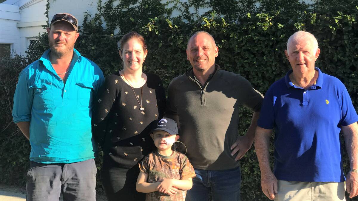 Logan Treasure, 5, who has acute promyelocytic leukaemia, with his parents Jake (left) and Kristie, wool buyer and WA director of the Michael Manion Wool Industry Foundation Steve Noa and Logan's great grandfather and wool industry identity Peter Pagoda.