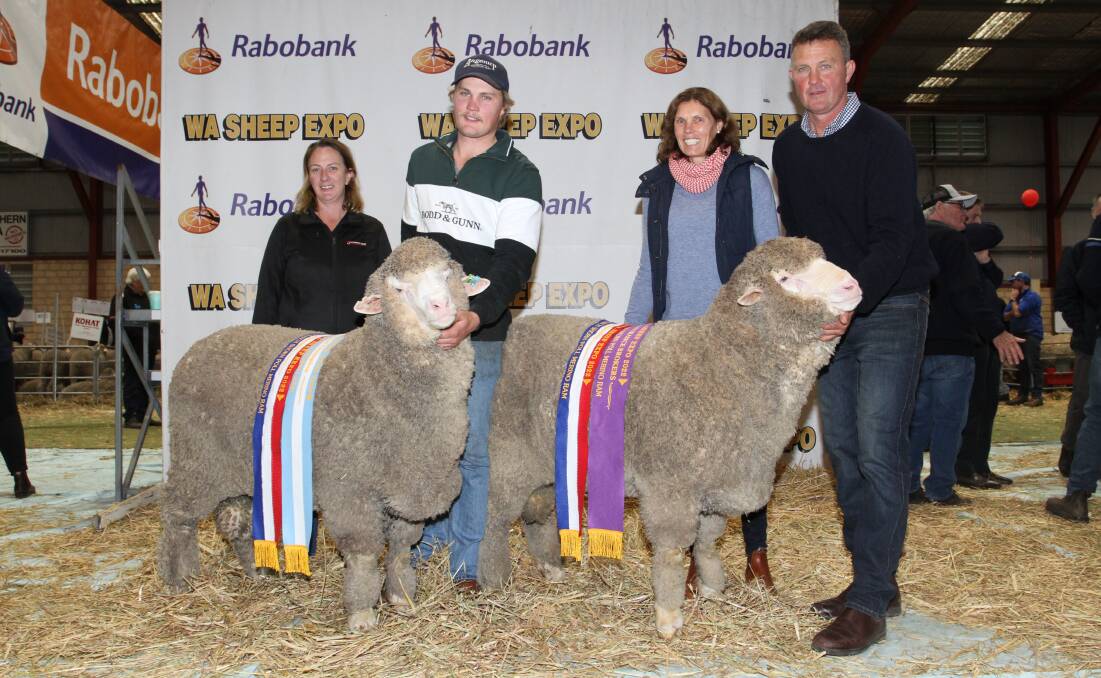 The Angenup stud, Kojonup, exhibited the grand and reserve grand champion March shorn Poll Merino rams. With the champion March shorn fine-medium wool Poll Merino ram (reserve grand champion) (left) and champion March shorn strong wool Poll Merino ram were award sponsor Rebecca Osbourne (left), Country Wide Insurance Brokers, Narrogin and Angenup stud connections Lachlan, Trish and Gavin Norrish.
