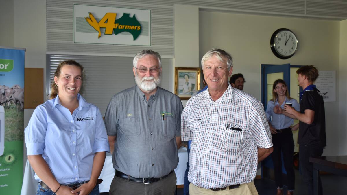 KG Livestock Services owner Kelly Gorter with Rural Data Management Services director Mike Kirke and Katanning Regional Sheep Saleyards manager Rod Bushell at last week's Lamb-Tech seminar.