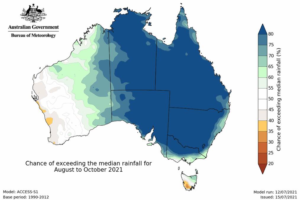  Western areas of WA have about equal chance of having below or above median average rainfall from August to October.