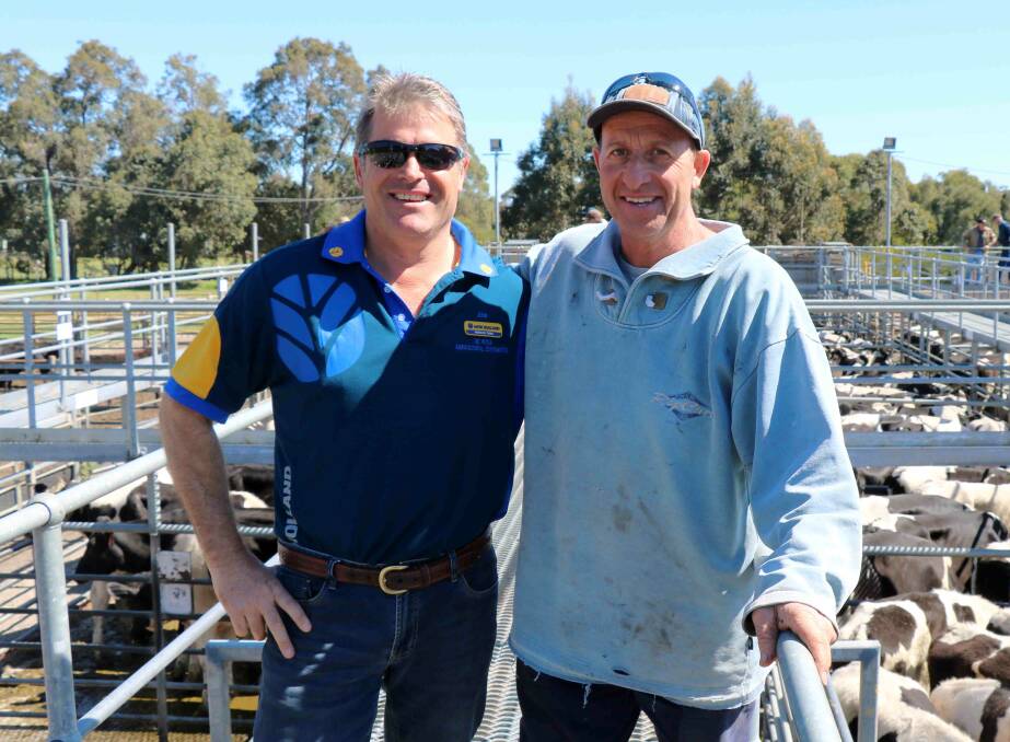 John DeRosa (left) and Charlie Odorisio, Waroona, were at the Landmark store cattle sale at Boyanup last week. Charlie offered Hereford cross steers at the sale which topped at $1162.