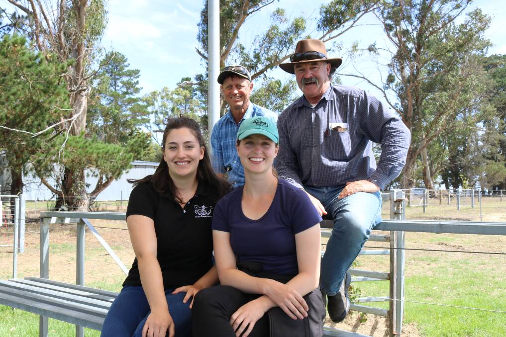 Buyers Stewart Smith (back left), Narrikup and Chris Norton, Redmond with Murdoch Vet students Eve Arbour-Neagoe and Mia Krieger.