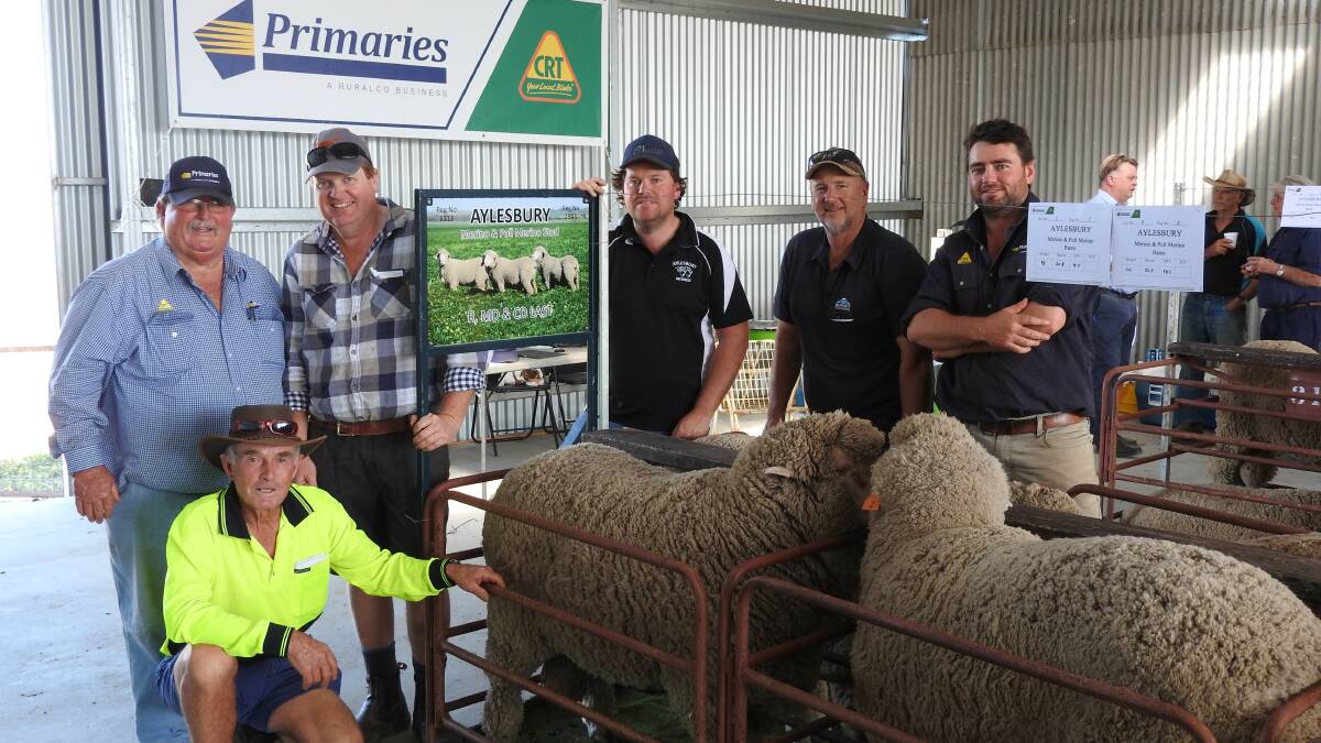 Primaries Merredin representative Keith Reiger (left), $1600 top-priced Aylesbury ram buyers Sam Teasdale, Gavin Auld and Peter Sutherland (second right) with Craig Last, Aylesbury stud (third right) and Primaries Mukinbudin representative Seb Jenkin.