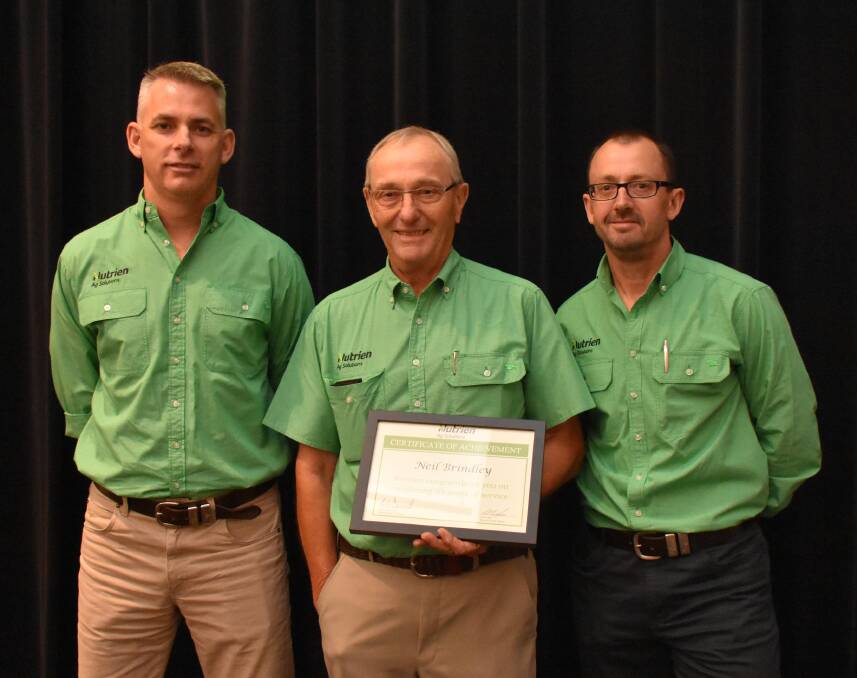 Nutrien Livestock Brindley & Chatley, Esperance, agent Neil Brindley (centre) was recognised for 55 years service to the company. With him is Nutrien Ag Solutions managing director Rob Clayton (left) and Nutrien Ag Solutions western region manager Andrew Duperouzel.
