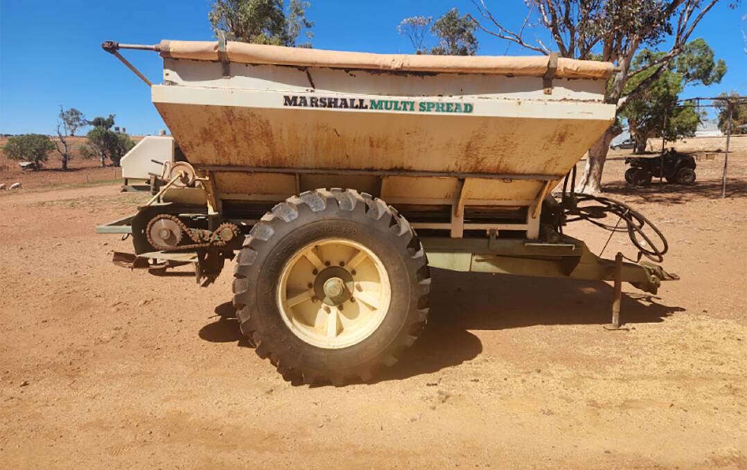 As second top item sold at Nutrien Ag Solutions Mid West multi-vendor online sale, this extensively rejuvenated 850T Marshall Multispreader is on its way from Northampton to South Australia. It sold for a single bid of $13,500.