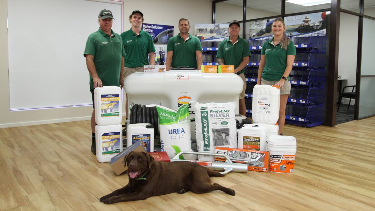 Nutrien Ag Solutions, Geraldton branch team members Sam Goddard (left), merchandise transport/warehousing, Jesse Rowe, graduate agronomist, Scott Piper, merchandise manager, Darren Shepley, merchandise account manager and Laura Husbands, sales support/administration and special visitor, Nutrien Livestocks Mid West and pastoral agent Richard Keachs chocolate Labrador, Ruby. This could well be the team (excluding Ruby) you will be talking to if you are based in the Geraldton region and are lucky enough to win Farm Weeklys latest subscriber giveaway competition where moos and merch are the feature prizes.
