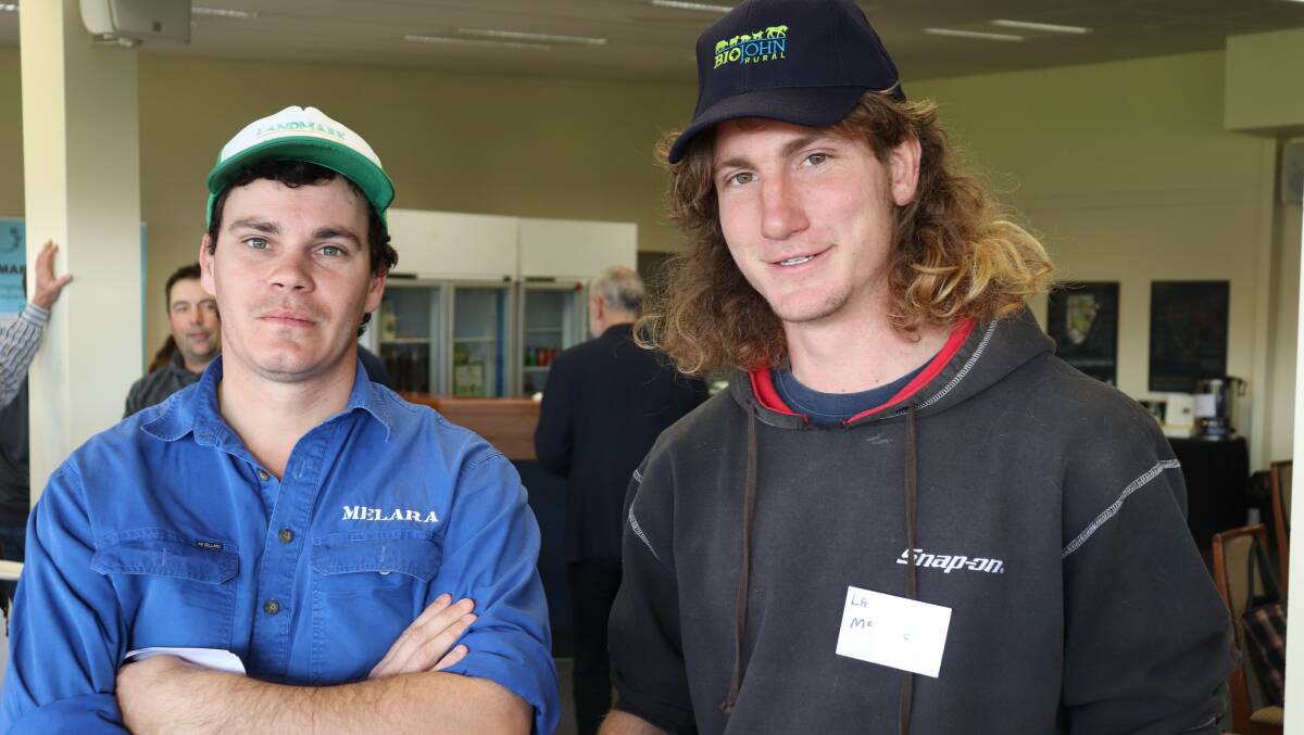 Aidan Bligh (left), Pingelly, caught up with Lachlan McCabe, Brookton, at the Stock Con conference,