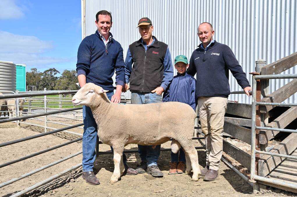 With the $1550 top-priced sire at the annual Wilgarna Poll Dorset ram sale, Boyup Brook, was stud principal Clint Westphal (left), Bridgetown based buyer Marcus Gifford and his eight-year-old son Flynn, HR & FA Gifford and Westcoast Wool & Livestock Boyup Brook and Darkan agent Mat Lowe.