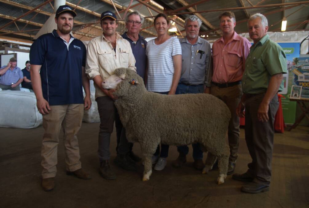 With the $10,750 top-priced ram at last week's Nepowie on-property ram sale at Noman's Lake which sold to the Mulga Springs stud, Northampton, were Nepowie's Dylan (left) and Blake White, Mulga Springs co-principals Chris Hasleby and daughter Jessica Horstman, Mulga Springs stud consultant Terry Stokes, Elders Wickepin/Pingelly representative Jeff Brown and Landmark Narrogin agent Ashley Lock.