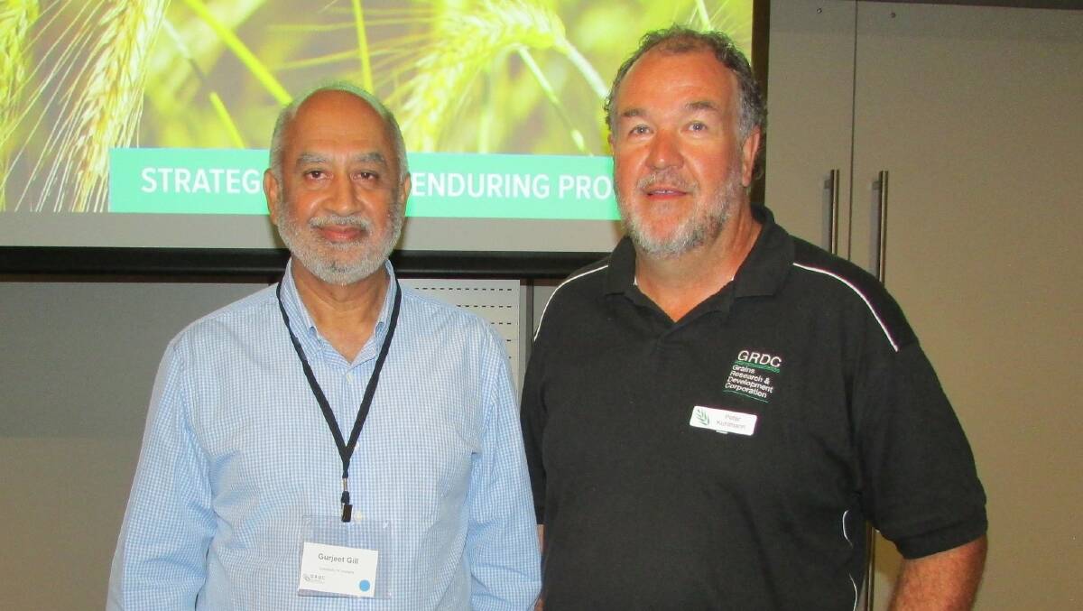  University of Adelaide associate professor Gurjeet Gill (left), with GRDC Southern Region Panel member Peter Kuhlmann. Dr Gill advises growers to carefully review weather forecasts for their district and spray clethodim when cloud cover is present and the risk of frost occurrence is low.