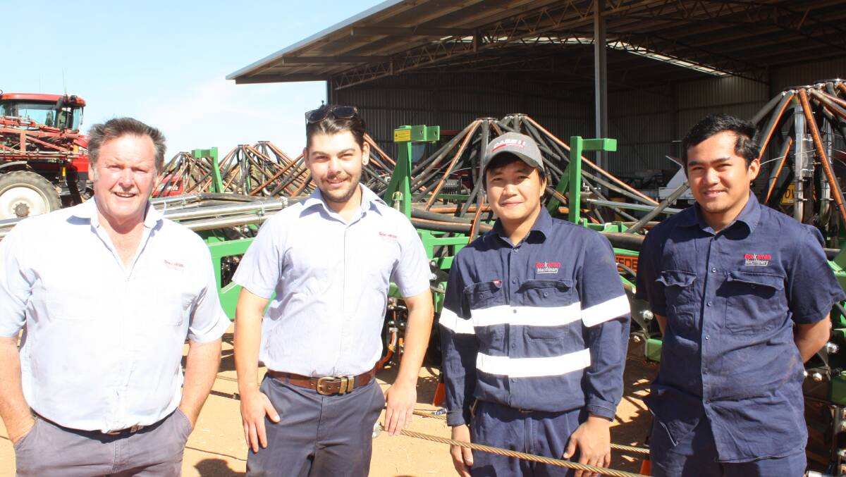 Farm Weekly snapped Boekeman Machinery Dalwallinu salesmen Wayne Stoner (left) and Lyndon Zetovic with mechanics Adonis de Guzman and Edward Arriba, in the dealership yard last week. All the activity was focused on setting up a DBS precision seeder for a local farmer with Wayne declaring only two 18.2 metre models were available for immediate delivery. "We pre-ordered stock for 2020 and there's enquiry on these two models, but they will be sold on a first-in, best dressed basis," Wayne said. "These bars are scarce as hen's teeth and you probably won't get one from the factory before seeding." Farm Weekly discovered within days of taking the photo there is now only one bar on offer.