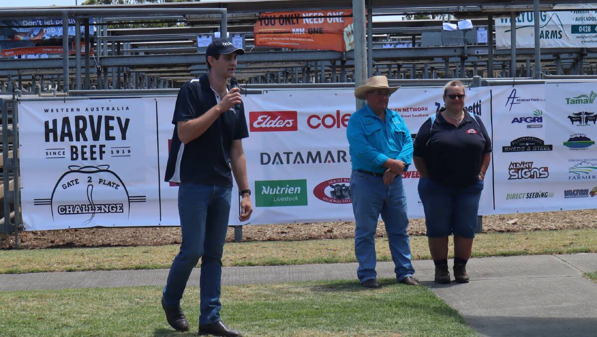 The Harvey Beef Gate 2 Plate Challenge officially kicked off for 2023 on Saturday with its open day at the Mount Barker Regional Saleyards, speaking on the day were Tom Hayes (left), Regional Mens Health Initiative, Gate 2 Plate president Wayne Mitchell and Gate 2 Plate committee member and master of ceremonies Erika Henderson.