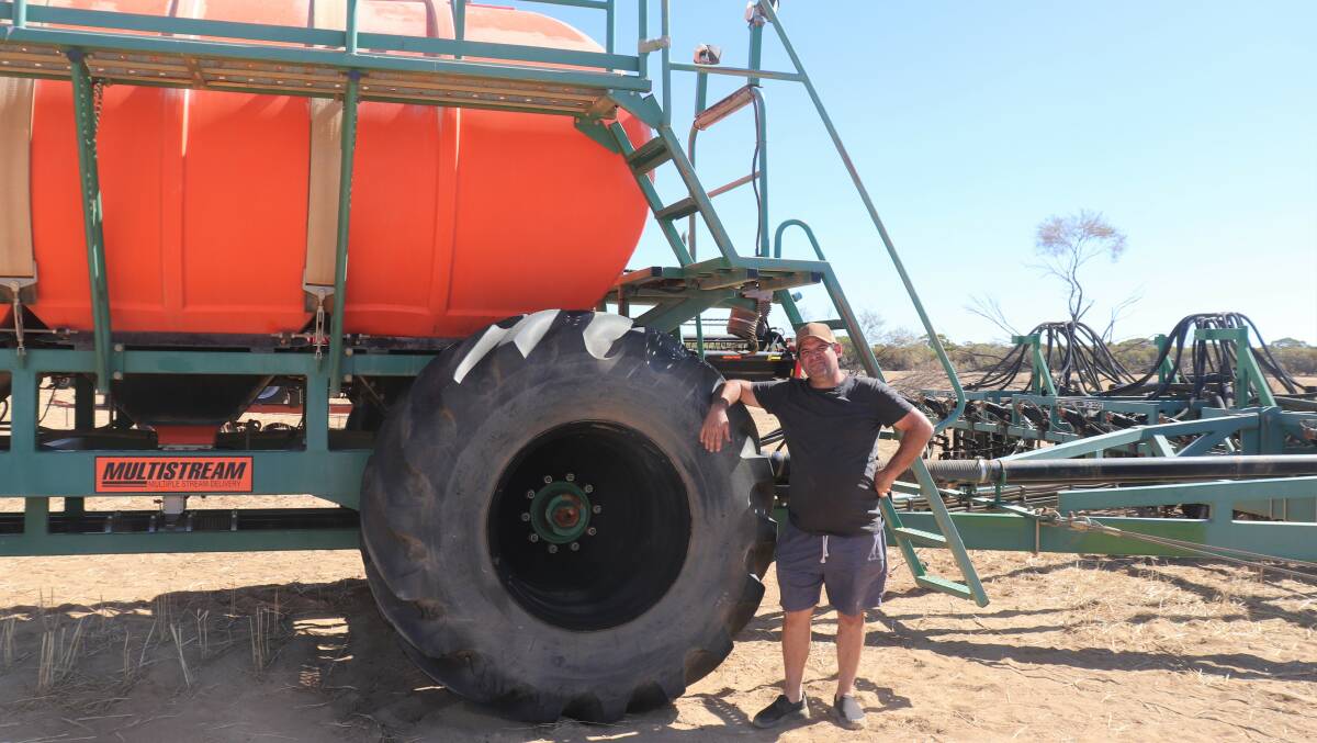  Kane Grima, KA & TB Grima, Mullewa, will run two air seeders to put this year's crop in, having paid top price at the sale of $285,000 for this Ausplow Multistream 15,000 litre air cart and matching 18.2 metres Ausplow Auseeder D300 DBS bar set at 300 millimetre spacings with 228mm blades.