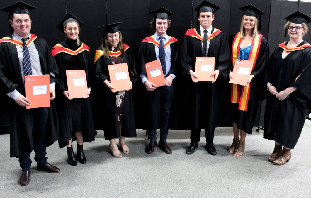The final graduates from the Muresk agribusiness degree to receive their awards at the ceremony were Sandon Knipe (left), Jorden Mills, Zoe Norwell, Thomas Steber, Owen Metcalfe, Jessica Herzer and Amelia Barton.