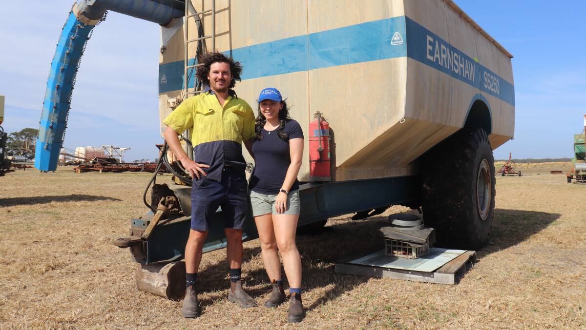 Ashley and Hannah Jacobs, PJ & MJ Tulloch, Bilbarin, came to the sale to buy an urgently needed replacement chaser bin for the one they lost, along with other farm equipment, three weeks before in the bushfires north of Corrigin. They paid top price of the sale of $52,000 for an identical Earnshaw SS250 bin to the one they lost. They plan to use it to cart seed next month when they start sowing this year's crop.