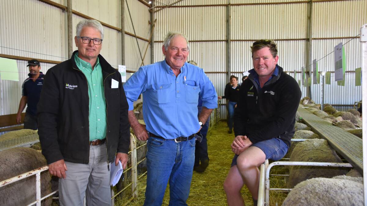 Nutrien Livestock Williams representative Peter Moore (left) with Bill and Thomas Piesse, TW Hardacre & Co, Williams, who were some of the major buyers in the sale purchasing nine Quailerup West Merino and Poll Merino rams to a top of $1600 twice and an average of $1328.
