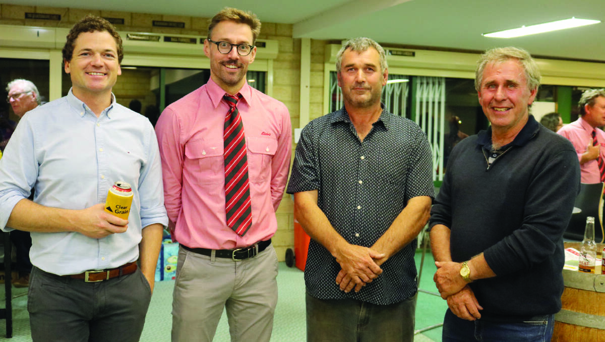 Clear Grain Exchange managing director Nathan Cattle (left), a guest speaker on the night, caught up with Elders agri-finance manager Reid Seaby, Graham Baker, Greybank Pastoral, Kojonup and Chris Patterson, Woolkabin stud, Woodanilling.