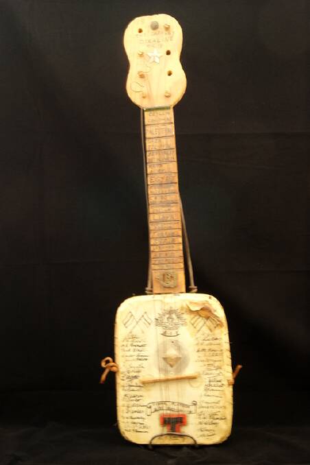 The Darnley Dixaline, a banjo made in the trenches during the siege of Tobruk from materials scrounged on the battlefield. It is now on show at the Birdwood House Military Museum in Geraldton.