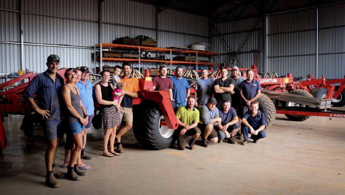 Pictured during an earlier opener upgrade on the West family's Morris Quantum air drill at their 'Evasham Farms' property near Kulin are machine operator Braden Young and his wife Julie; Peta and Barry West; Ashley and Jarrad West with their children Kelsey and Hamish; and the Morris and McIntosh Distribution crew including Duncan Murdoch, Dmytro Manziuk, Serhii Manziuk, Edward Burton, Dmytro Masiukov, Oleksander Bugai, John Duncan, Artem Kostiuchenleo, Greg Watson and David Breunig.