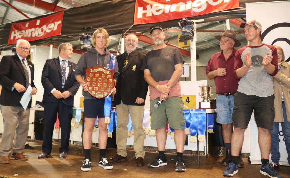 Winner of the inaugural Brian 'Bero' Beresford shield in the novice shearing section, Jack Waters, with Western Australian Competition Shearing Association president Greg Drew (centre) and Nathan Beresford who, with sibling Joel and Katrina, presented the perpetual trophy in honour of their father. Mr Beresford was a shearing contractor and champion shearer.