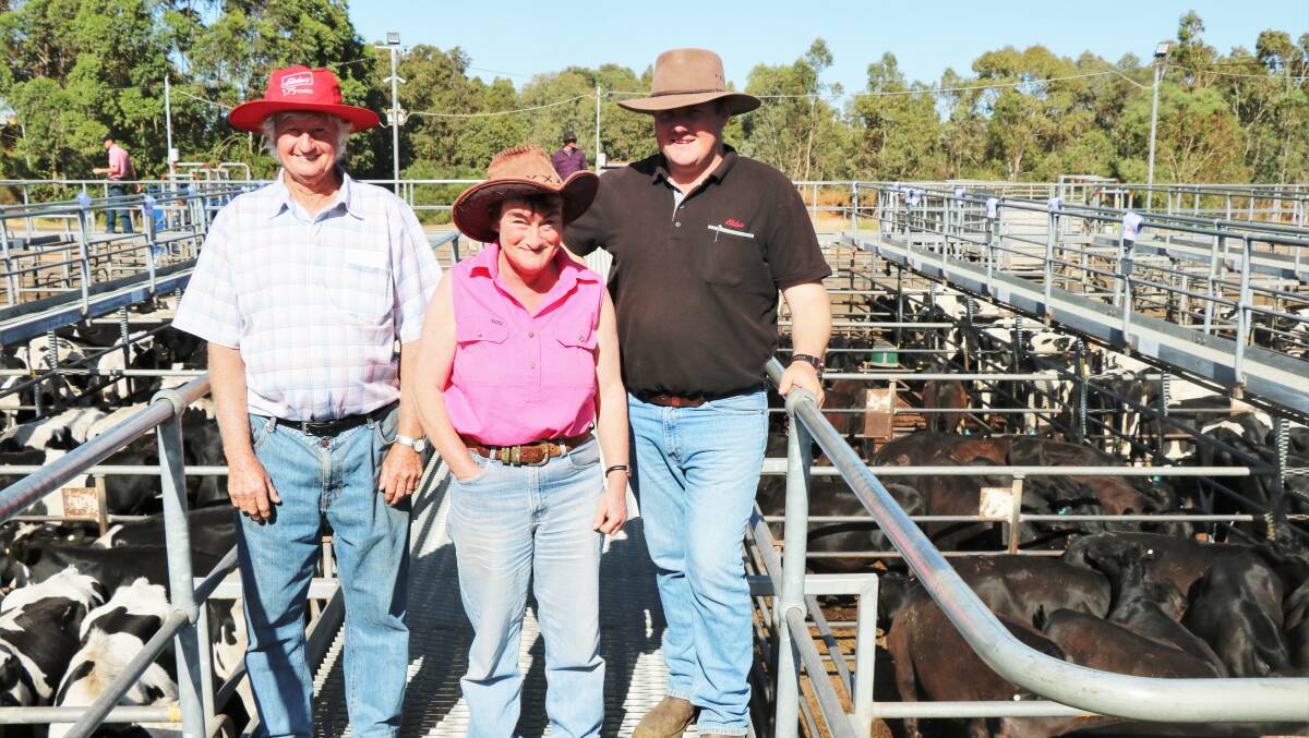 Gerald (left) and Denise Young, Yornup, were at the Elders Boyanup store cattle sale hoping to buy some beef cross steers and caught up with Elders, Donnybrook representative Pearce Watling before the sale.