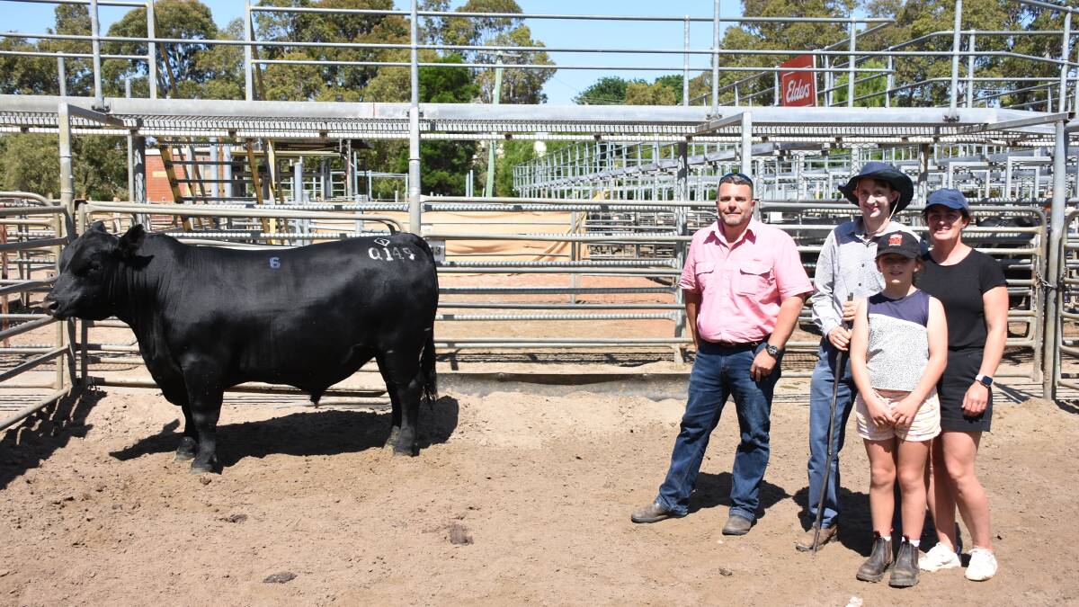 Prices hit a high of $9500 twice at last week's Gandy Angus bull sale at Boyanup. With lot six Diamond One Beast Mode Q149 (AI) which sold at this level to Wes Graham, Esperance via AuctionsPlus were Elders Manjimup branch manager Shannon MacDonald (left) and Gandy Angus' Steven, Lex and Lola Gandy.
