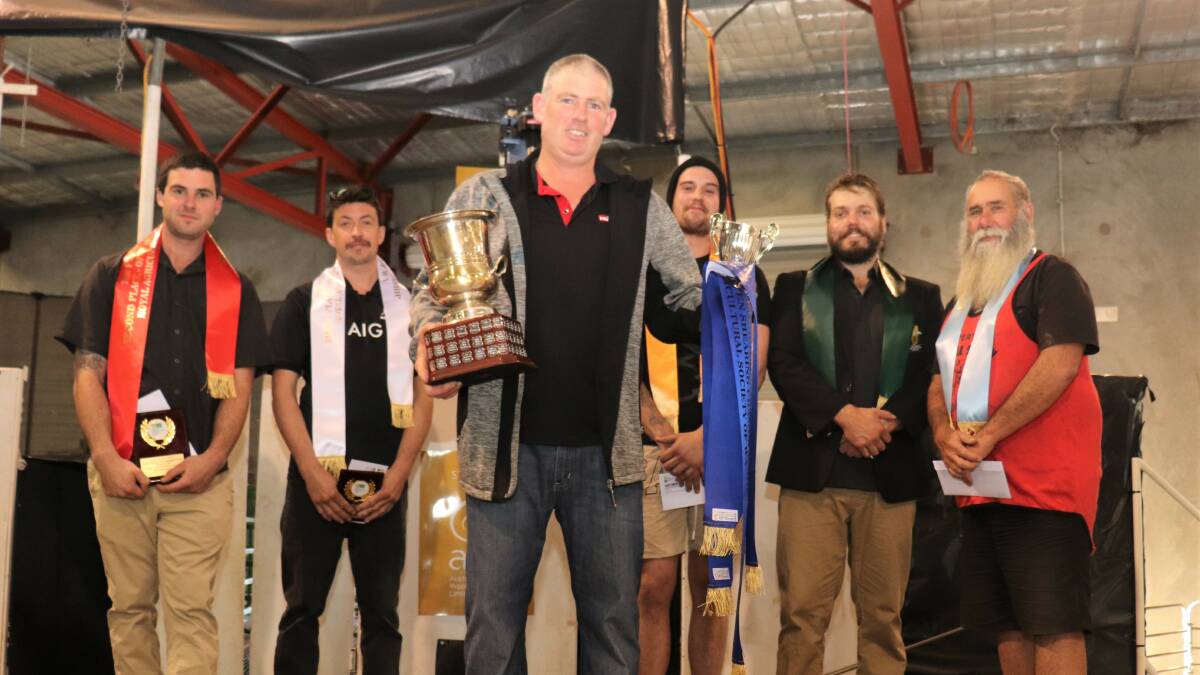 Perth Royal Show shearing champion for the 24th time, Damien Boyle (front) with the open shearing place getters, Tom Reed (left) second, Kyle Newby third, Ethan Harder fourth, Richard Sturis fifth and Mick Wood who was eliminated.