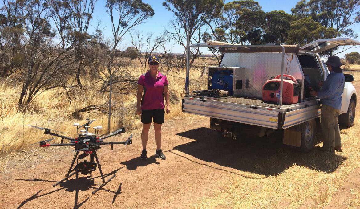  Lakes Local Action Group Skeleton Weed co-ordinator Lynette Carruthers with a drone used in skeleton weed surveillance over summer. Photo: DPIRD.