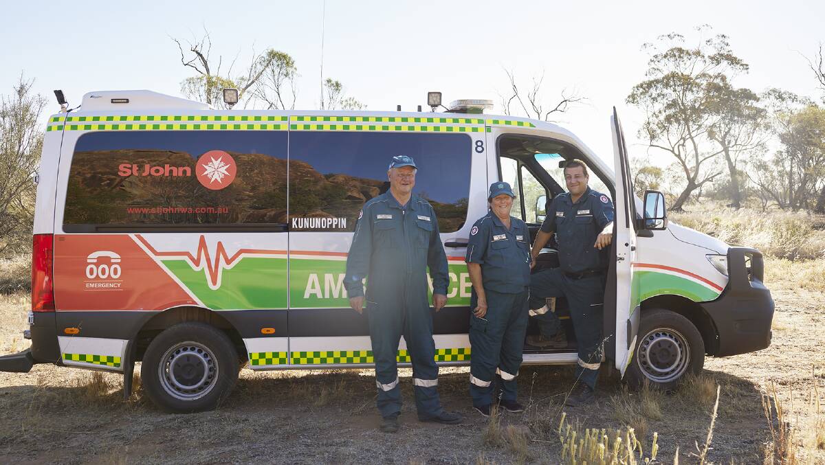 Peter Geraghty (left), from Mukinbudin, has been a St John WA volunteer for 43 years. He has been named as a 2024 RAC WA Volunteer of the Year award finalist. With him are fellow ambulance officers Eileen OConnell and John Waters.