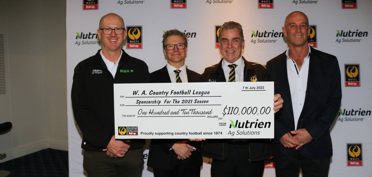 Nutrien Ag Solutions general manager north WA, Andrew Lindsay (left) and general manager south WA, Justin Lynn (right) presented their companys sponsorship cheque for $110,000 to WAFC executive manager country football, affiliates and facilities Tom Bottrell (second left) and WACFC president John Shadbolt.