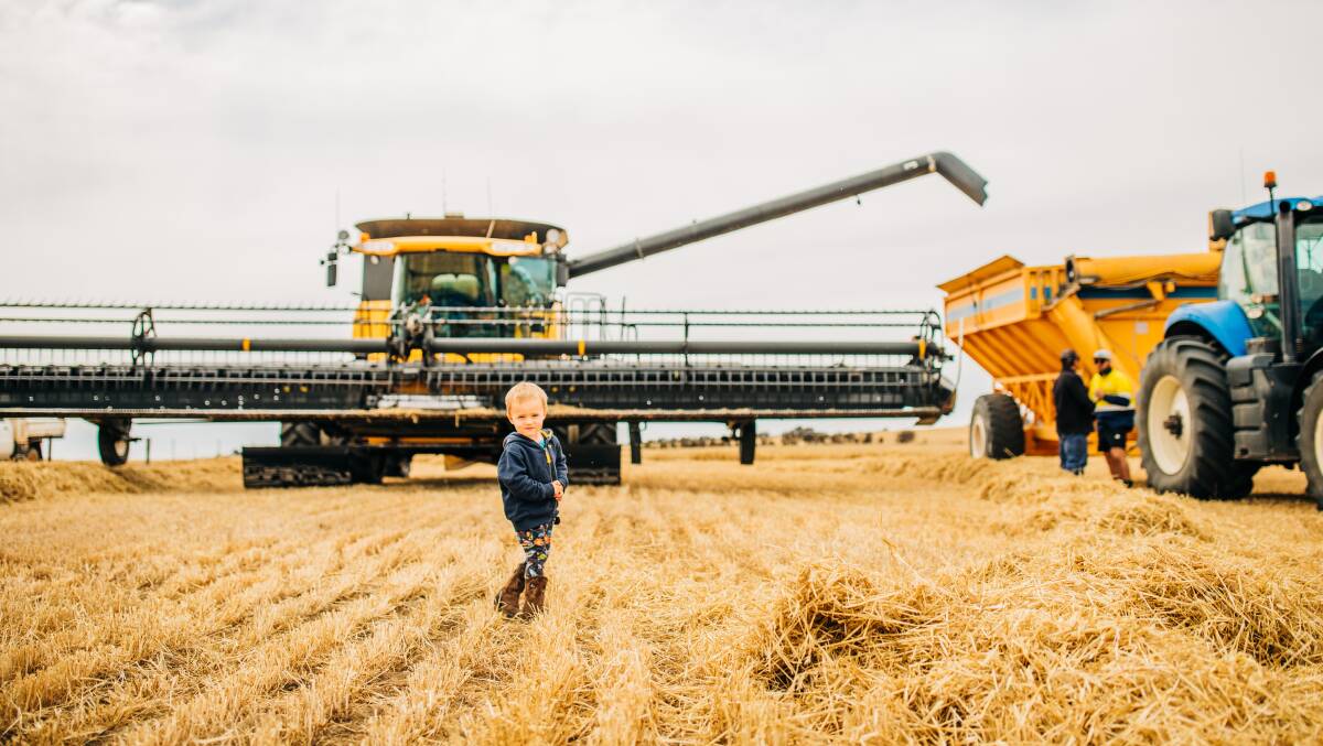 Chase Grylls, 3, is all geared for harvest. Photo by Jackie Grylls, Bulyee (@thefarmerswifelife).
