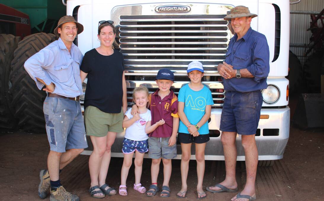 Anthony Haddrill (left) with his pregnant wife Georgia, their children Zoe (4), James (6) and Maddison (8) and their pop Peter Haddrill, more commonly known as Poppy Pete to them. The Haddrill family has farmed in Northam since the 1880s and these three generations continue to work together.