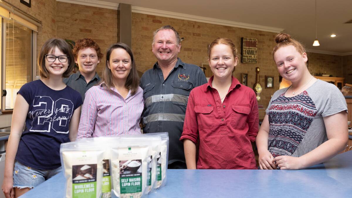 The Kitto family Ebony (left), Tom, Tanya, Robert, Jemma and Maddi are proud of the lupin products they have developed over the past few years. Photo by Justine Rowe.