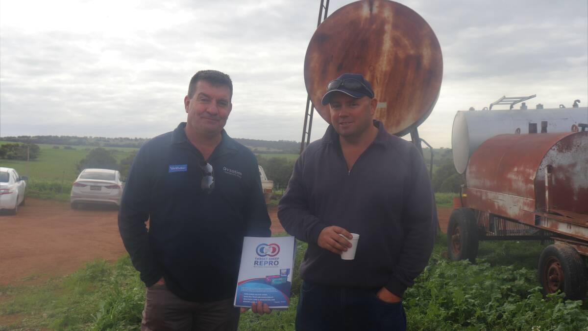 Darren Hendry (left) Virbac Northern Central area manager and Gingin farmer Brad Alp caught up during the morning tea break to have a chat.