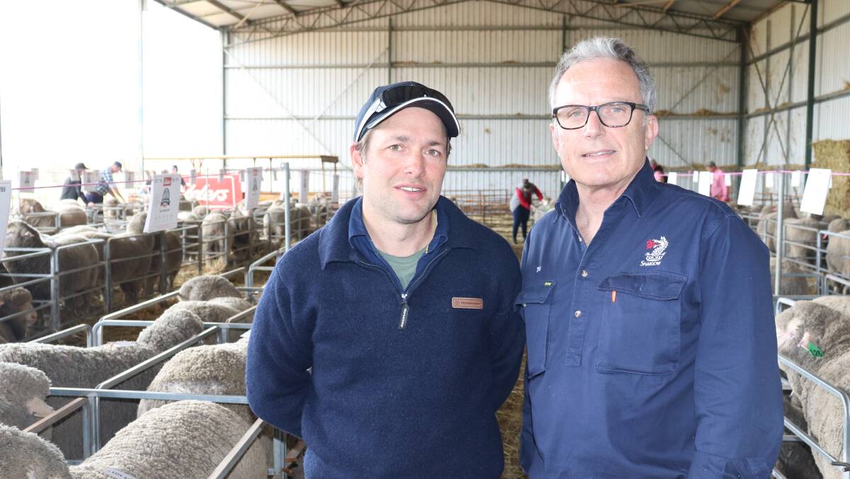 Overall volume buyers, winning the bids on a team of more than 60 rams, were Cadogan Estates Pty Ltd (Australia), Williams, farm manager Hamish Cook (left) and general manager Tim Johnston.