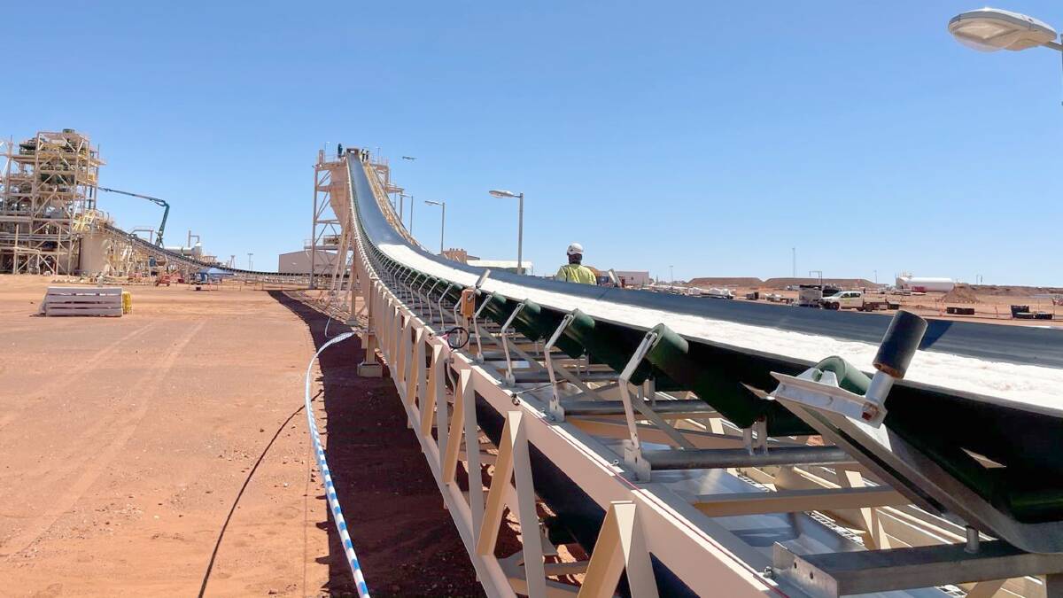 The first harvest salts on the conveyor into the production plant. The harvest salts were derived from potassium-rich brine collected from beneath the salt crust on Lake Way and concentrated in a series of solar evaporation ponds. The processing into fertiliser leaves the potassium and sulphur content, but removes the chloride.