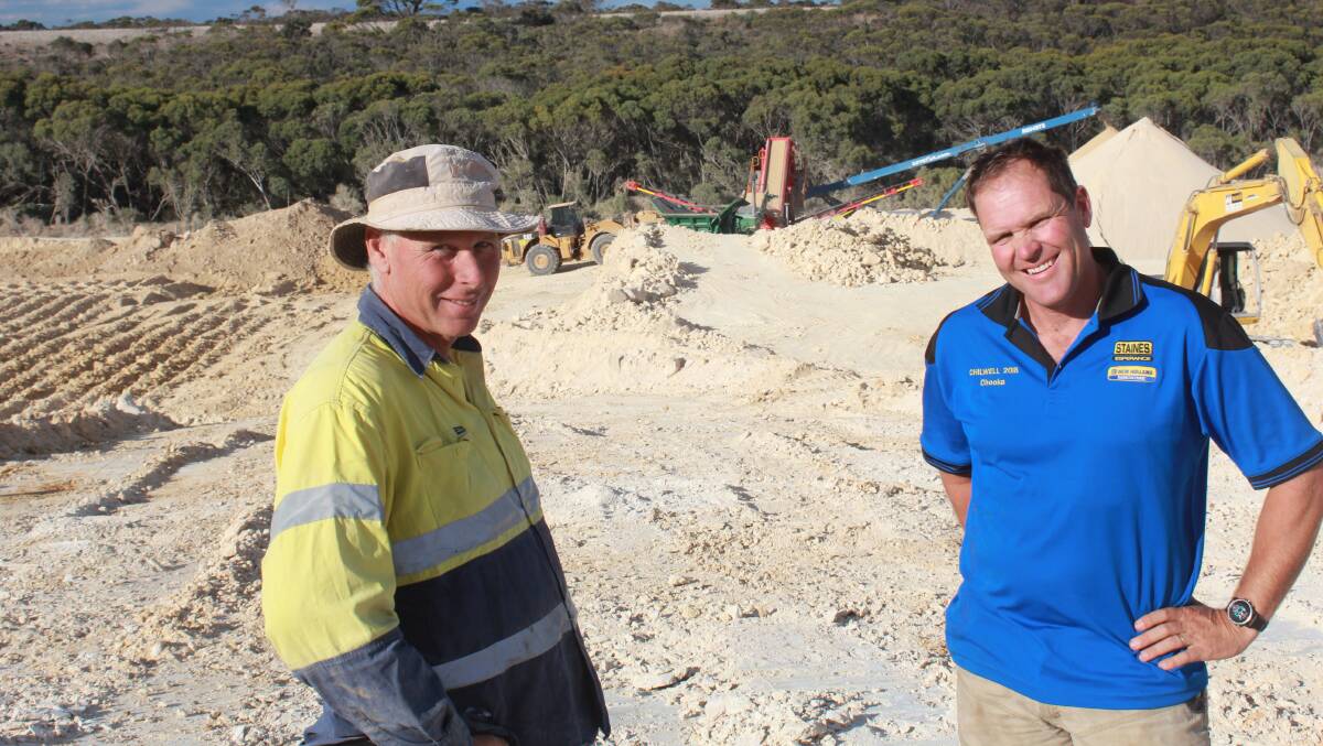 Andrew Fowler (right), Chilwell, Condingup and his lime pit manager Bruce Wilson. The Fowlers discovered a useable lime source on their property three years ago and will pull 20,000 tonnes from it for use in their 18,500 hectare cropping program this year.