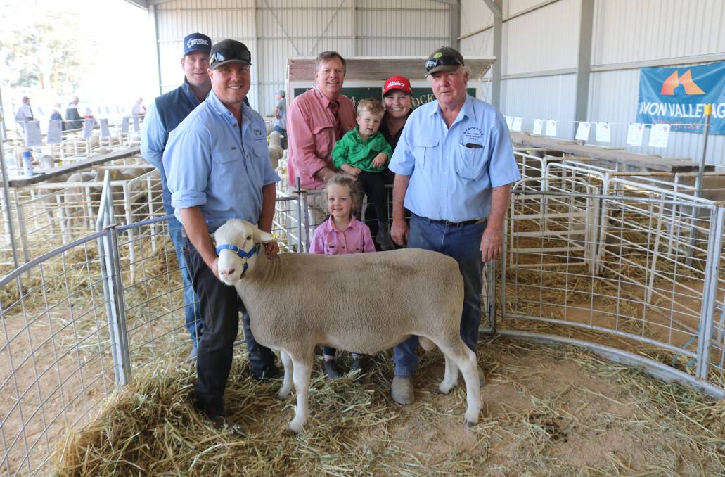 This Stockdale White Suffolk ram, sold for $3100 to be the top-priced ram at the studs on-property sale at York last Wednesday. With the ram were Westcoast Wool & Livestock agent Brookton, Stephen Keatley (left), Stockdale stud co-principal Brenton Fairclough, Elders auctioneer, Graeme Curry, Elders livestock trainee Amber Lewis, with Brentons children Harry, 2, and Piper, 4, and Stockdale stud co-principal, Laurie Fairclough.