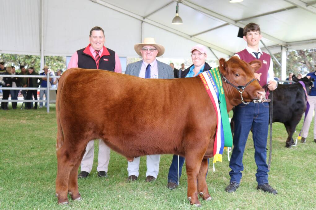  The reserve grand champion and champion extra heavyweight was this 566kg Red Angus steer, bred and exhibited by Esperance Farm Training Centre's Escholar Red Angus stud, Esperance. With the steer were award sponsor Tim Spicer (left), Elders Limited, judge Wayne Mitchell, Elders Albany, EFTC farm manager Crystal Henderson and year 11 student Mason Windfield.
