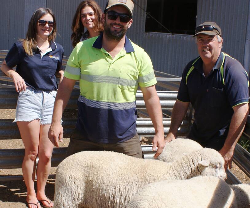 The WAMMCO Producer of the Month award for October went to the Joyce family, Kukerin. With some of their top rated Prime SAMM lambs were Cheryl Cavanagh (left) and Ashleigh, Kal and Col Joyce.