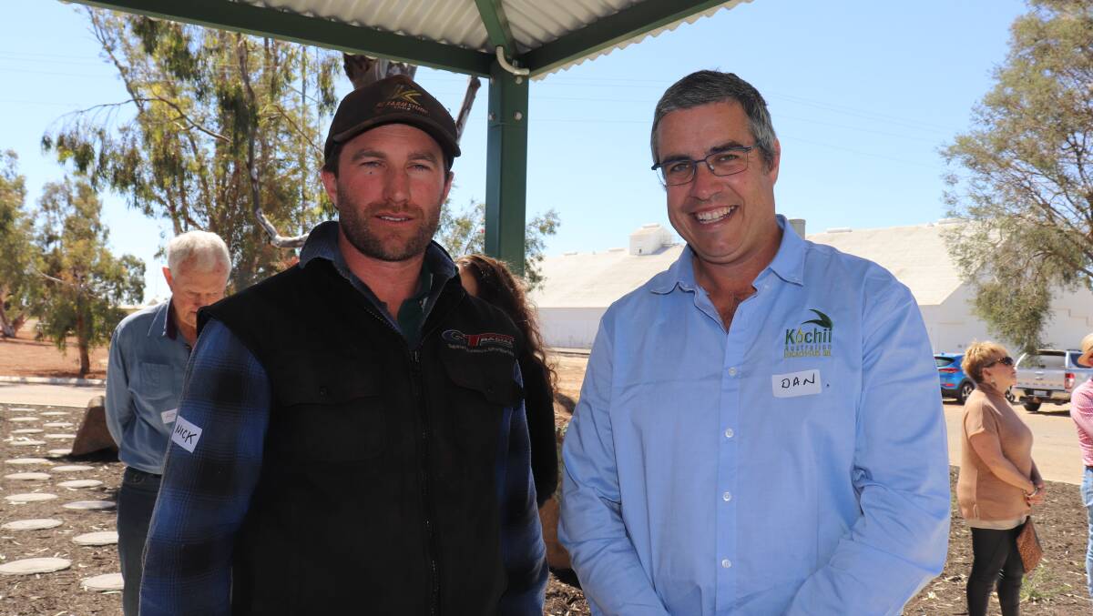 Nick Priest (left), Bonnie Rock and Kochii Eucalyptus Oil's manager forestry, science and compliance Dan Wildy. Mr Priest has eucalyptus trees on his farm that were planted about 2010, harvested three years ago for oil and are now ready to be reharvested.