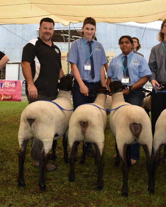 The winning Kalinda Suffolk stud group of one ram and two ewes with principal Matt Mitsopoulos, Boyanup and Esperance Farm Training Centre, students Corey McKeown, 15 and Aeishah Muir,16.