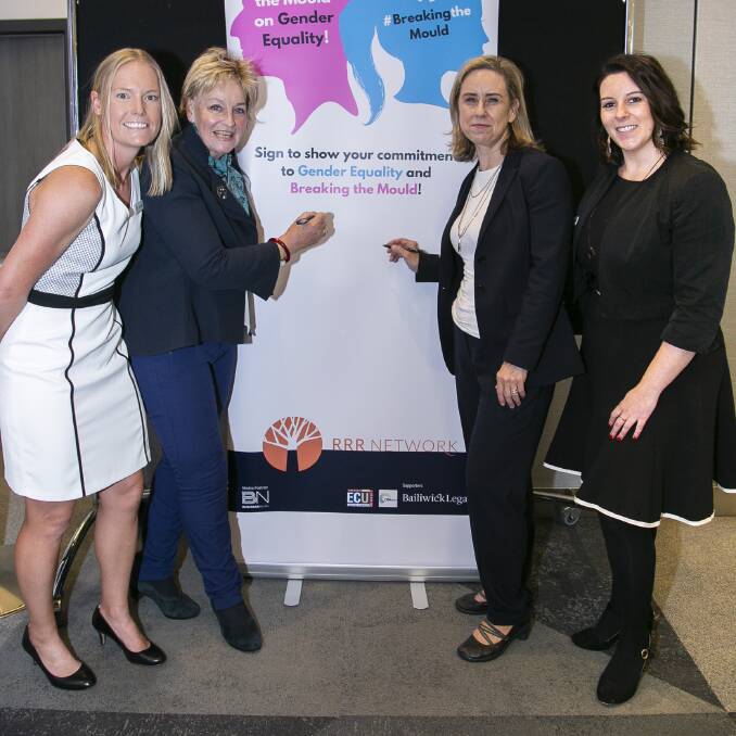 RRR Network chairwoman Sarah Lang (left), Agriculture and Food Minister Alannah MacTiernan, Women's Interests Minister Simone McGurk and RRR Network chief executive officer Megan MacNeill were among the many attendees to sign the Breaking the Mould banner. Photo: RRR Network. 