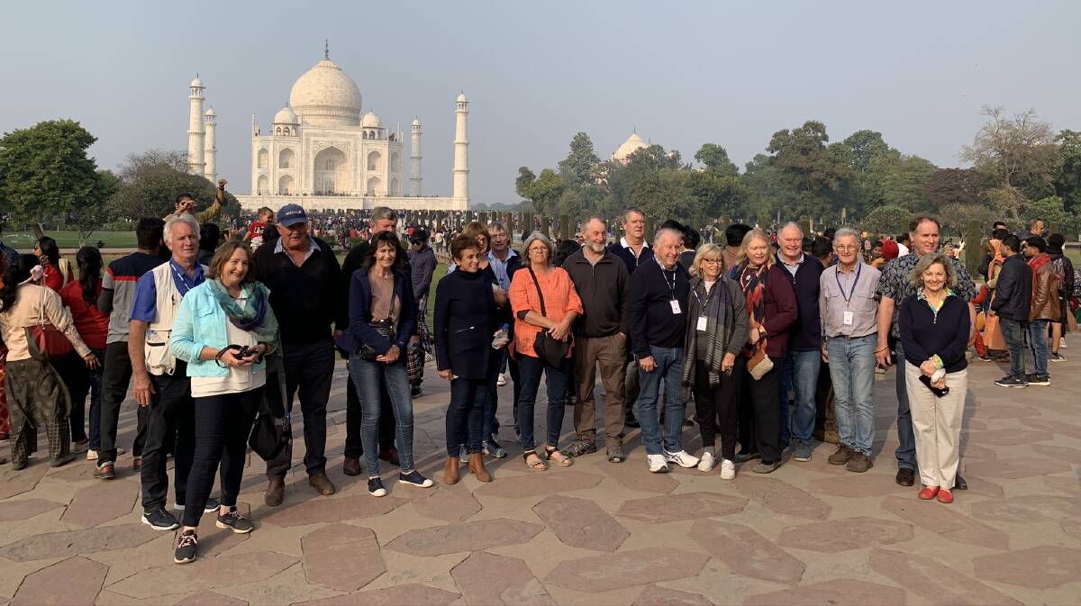 Peter and Margaret Scanlan (seventh and sixth from right) leading Scanlan Wool's first woolgrower tour of India. With them are some of the 20 woolgrowers during a visit to the Taj Mahal at Agra.