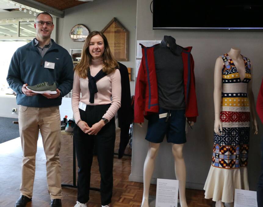 Bankwest Esperance senior relationship manager Chris Wilson (left) with The Woolmark Company junior editor Ella Edwards checking out a display of the latest wool garments from The Woolmark Company.
