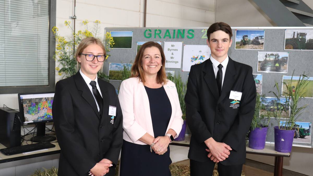 WA College of Agriculture, Cunderdin, principal Sally Panizza (centre) with year 12 students Aimee Coumbe (left) and Campbell Lee.
