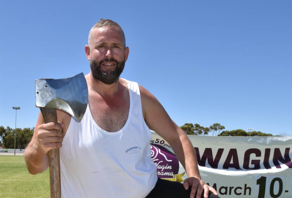 WA Axemens Council president and competitor of 28 years, Grant Campbell from Darkan. Spearwood Wool has pledged to sponsor log chopping competitions throughout the Great Southern and is bringing the action to Woolorama.