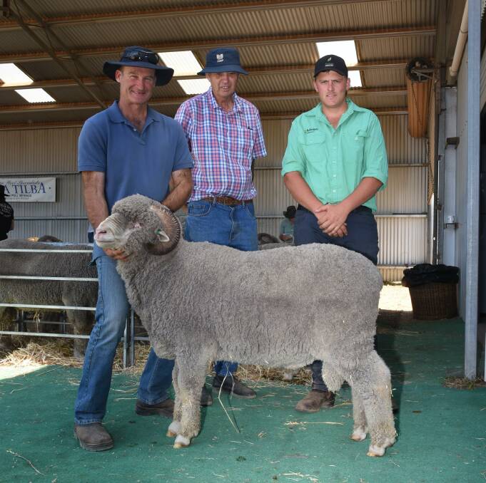  With the $1500 top-priced Dongiemon ram in the sale purchased by NH Winspear & Co, Broomehill, were Dongiemon co-principal Andrew Rintoul (left), buyer Kevin Winspear and Nutrien Livestock, Williams representative Louis Payne.